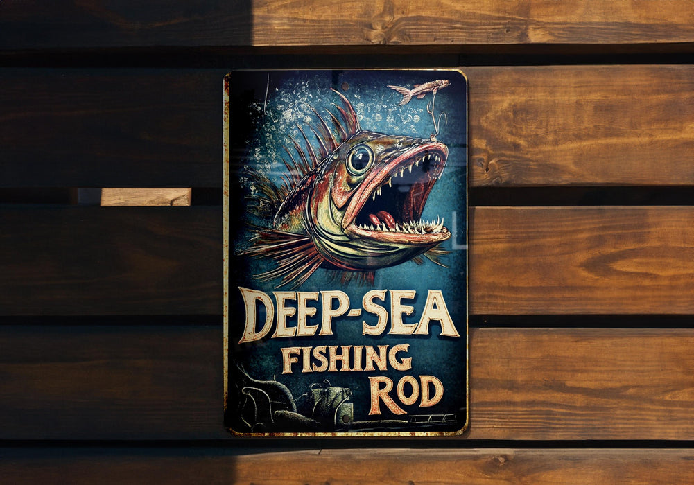 a deep sea fishing rod sign on a wooden wall