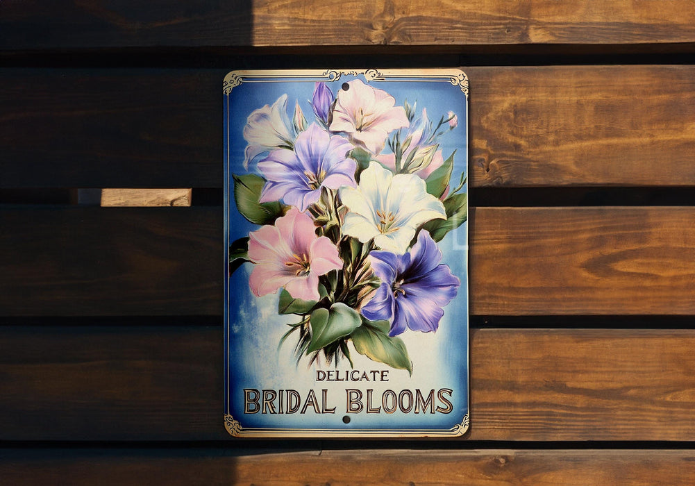 a sign on a wooden bench that says delicate bridal blooms