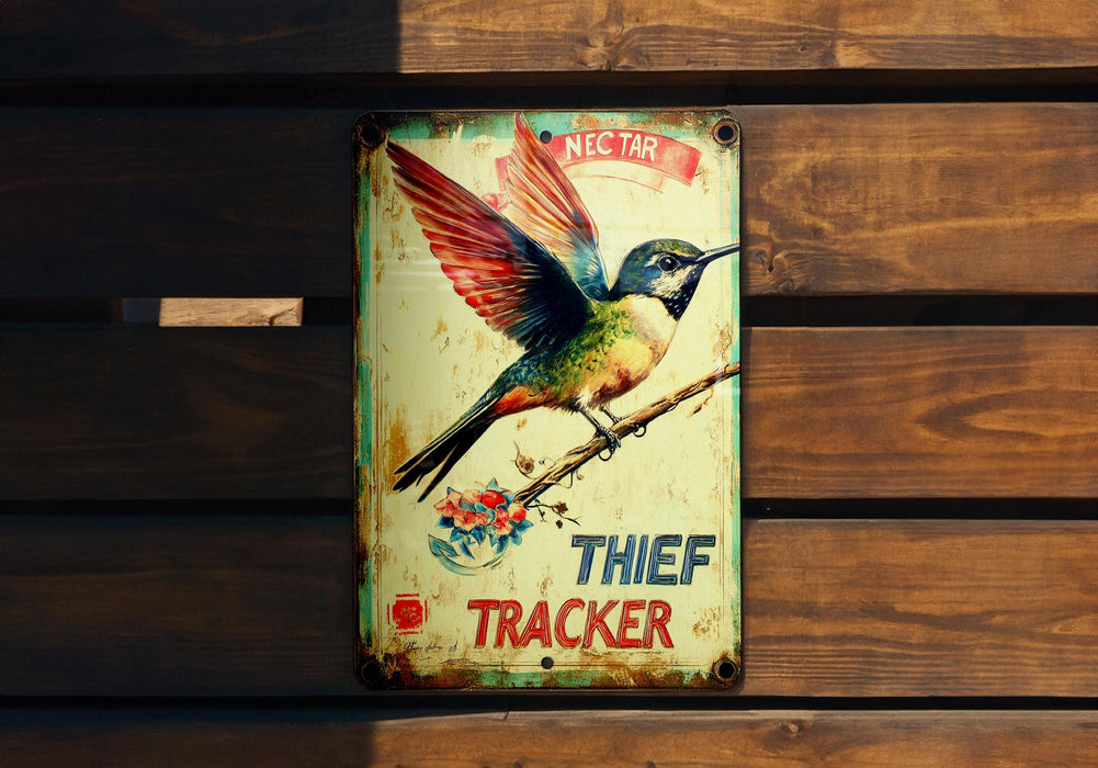 a tin sign with a hummingbird on it