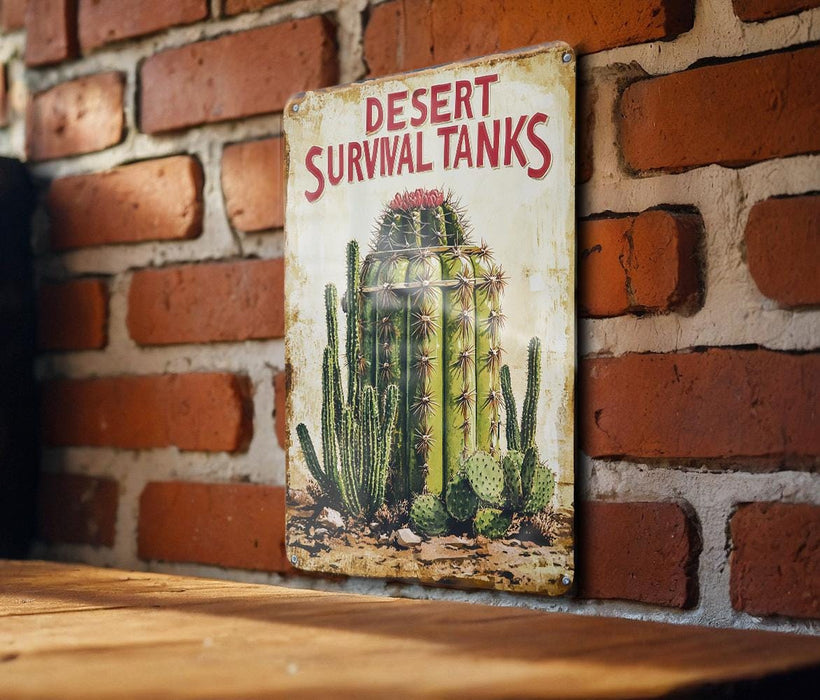 a sign on a brick wall that says desert survival tanks