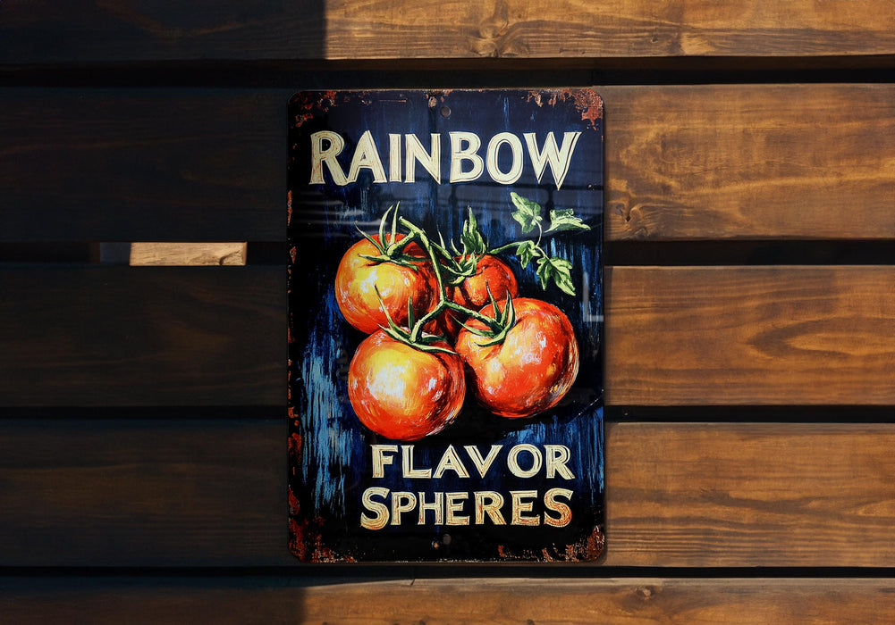 a sign that says rainbow flavored with tomatoes