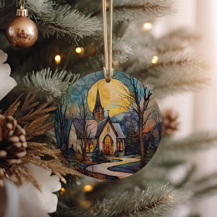 a christmas ornament hanging from a christmas tree