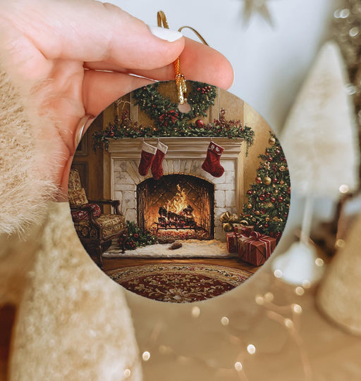 a person holding a christmas ornament with a fireplace in the background