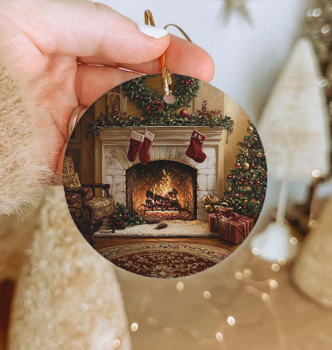a person holding a christmas ornament with a fireplace in the background