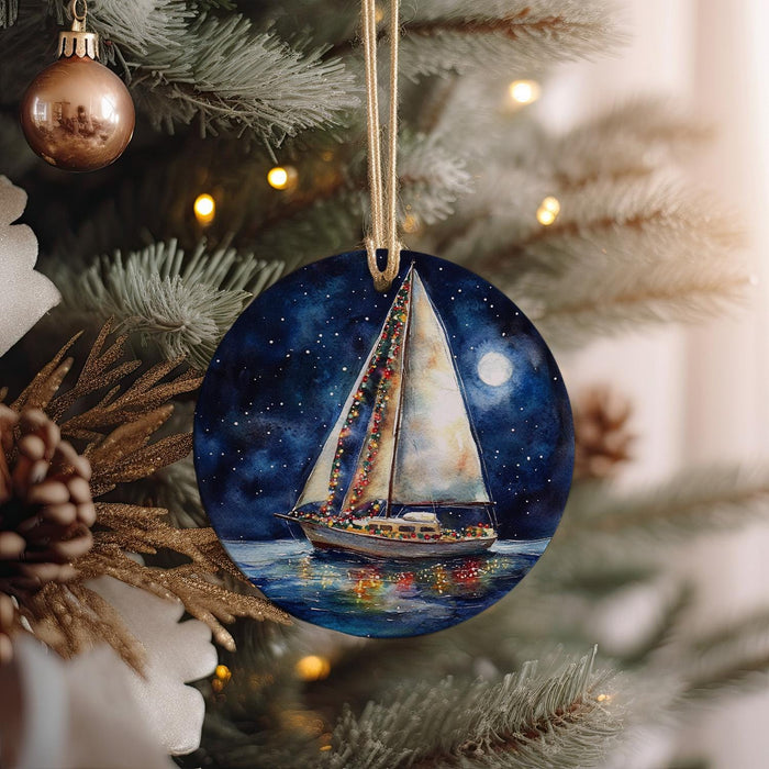 a christmas ornament hanging from a christmas tree