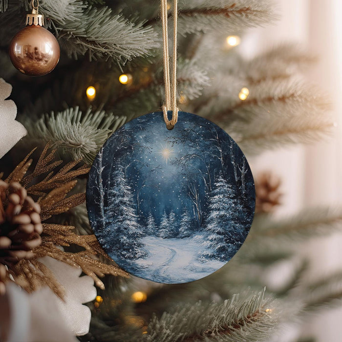 a christmas ornament hanging from a christmas tree