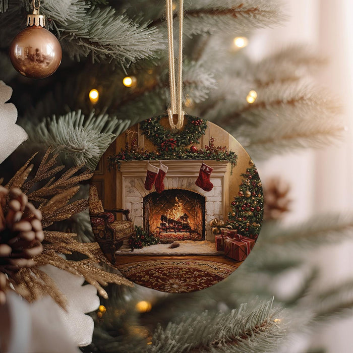 a christmas ornament hanging from a christmas tree