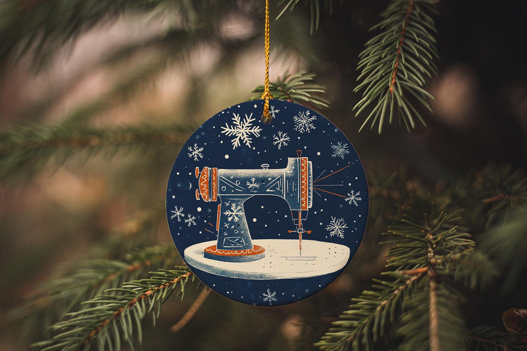a christmas ornament with a sewing machine on it