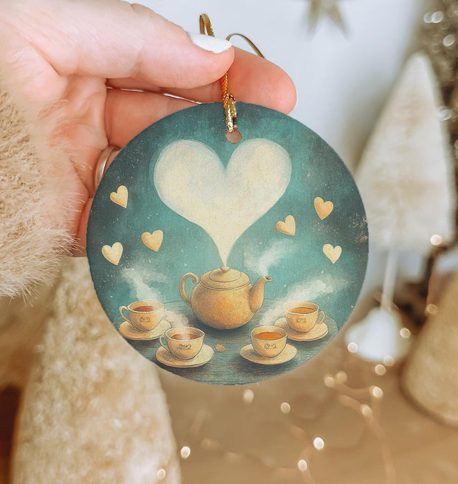 a hand holding a ceramic ornament with a painting of a teapot and