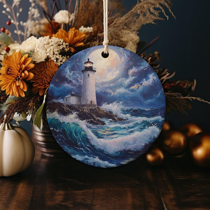 a ceramic ornament with a lighthouse on it