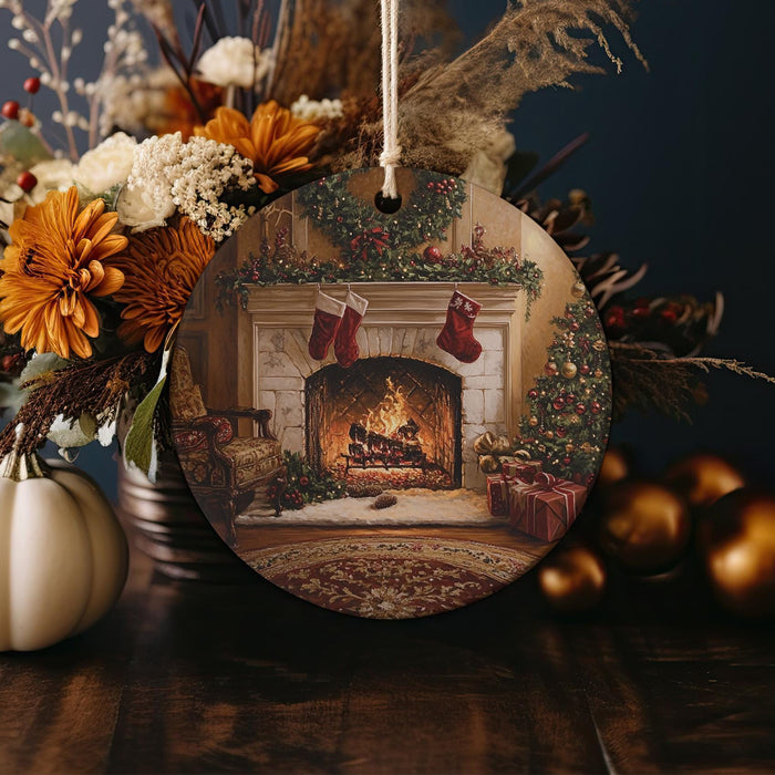 a christmas ornament with a fireplace in the background