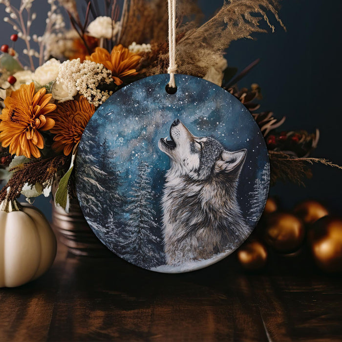a ceramic ornament with a wolf on it
