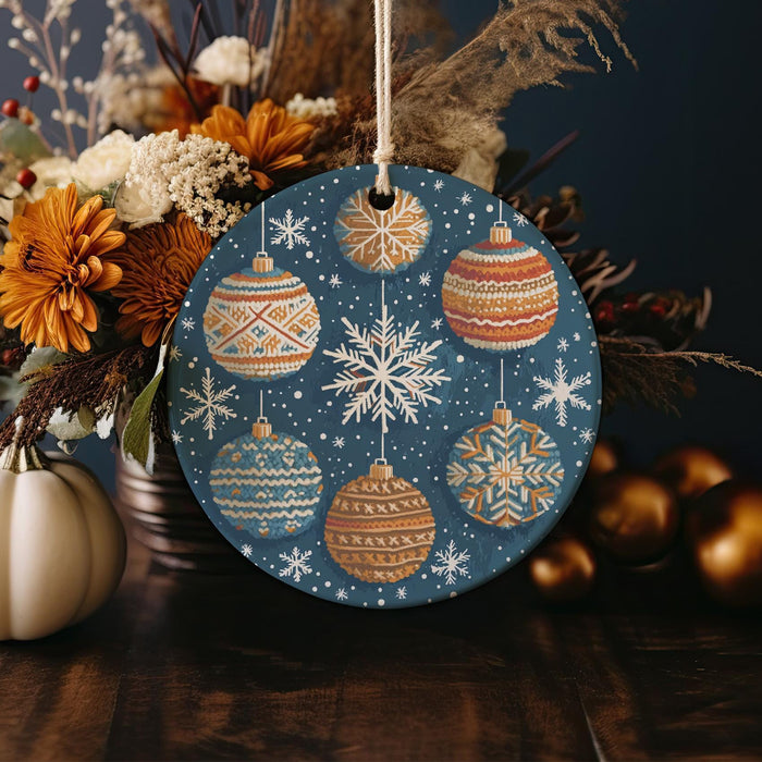 a christmas ornament hanging from a wooden table