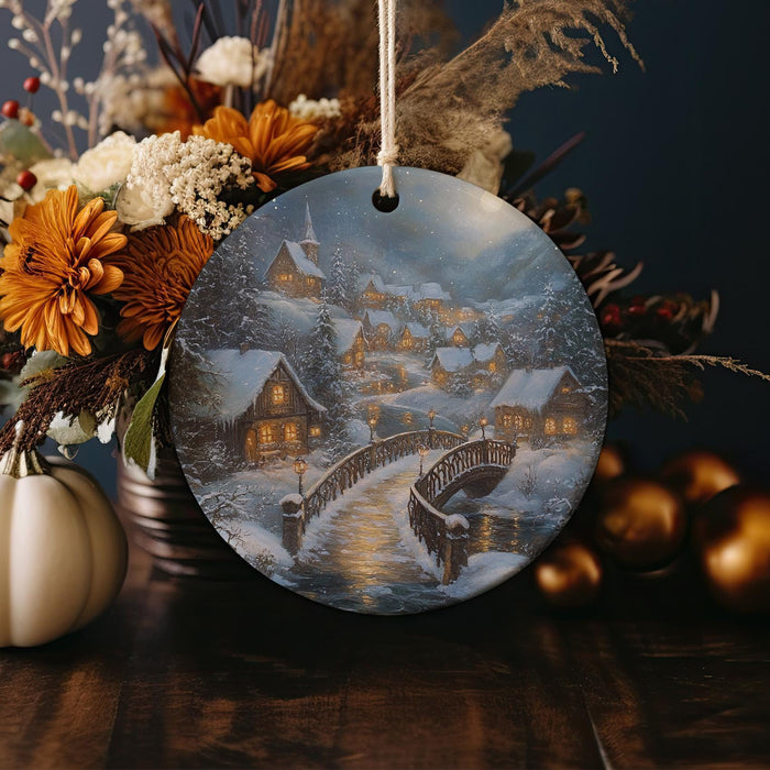 a ceramic ornament with a winter scene on it