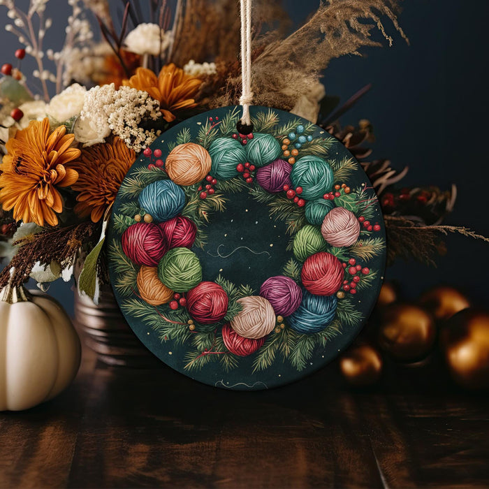 a christmas ornament decorated with balls of yarn
