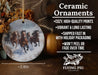 a ceramic ornament with three horses running in the snow
