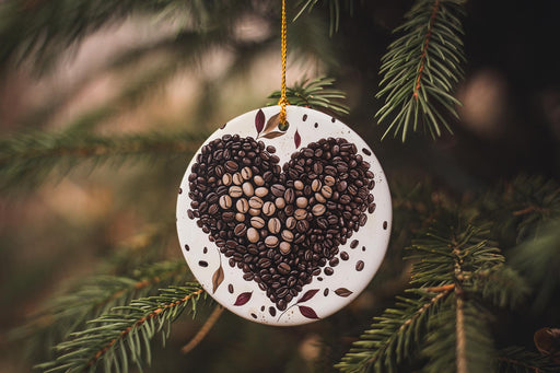 a heart shaped ornament hanging from a christmas tree