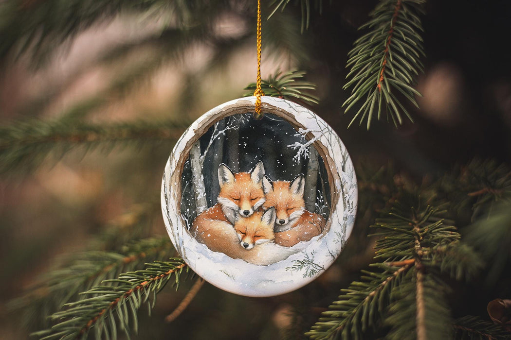 a glass ornament with two foxes hanging from a tree