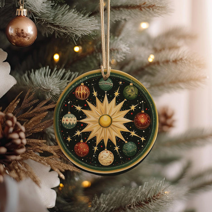 a christmas ornament hanging from a christmas tree