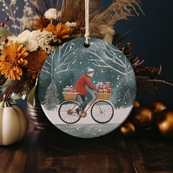 a christmas ornament with a man riding a bike