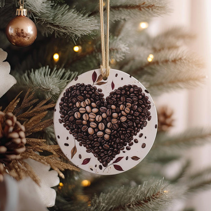 a heart shaped ornament hanging from a christmas tree