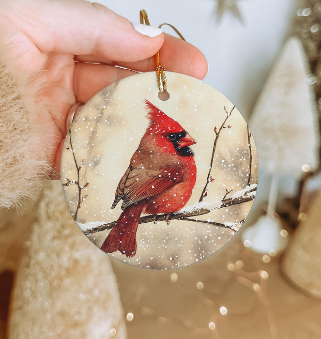 a hand holding a christmas ornament with a cardinal on it