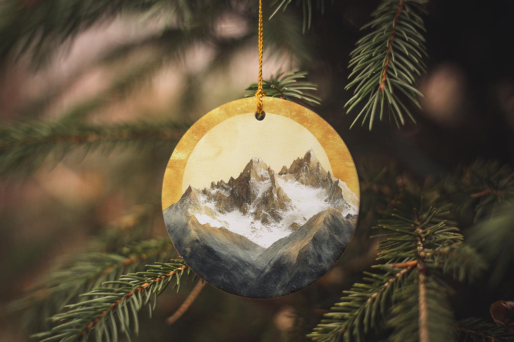 a christmas ornament hanging from a pine tree