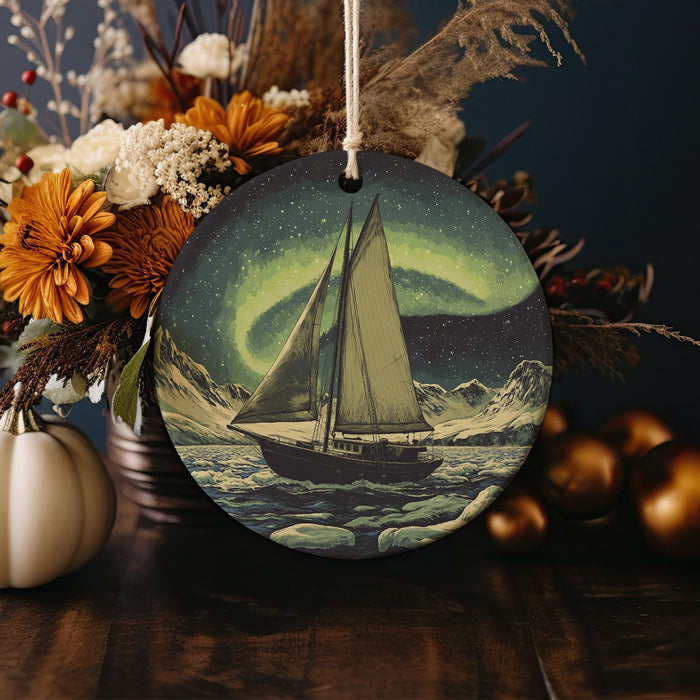 a christmas ornament with a sailboat in the ocean