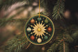 a christmas ornament hanging from a christmas tree