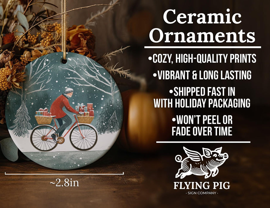 a ceramic ornament with a man riding a bike