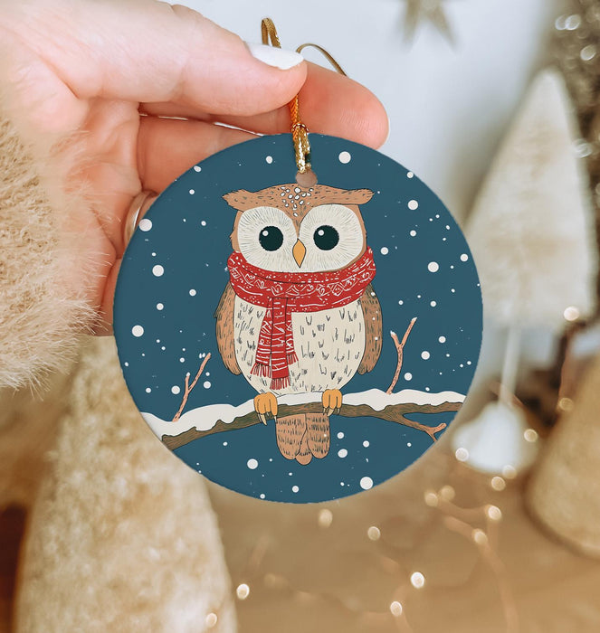 a person holding a christmas ornament with an owl on it