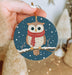 a person holding a christmas ornament with an owl on it