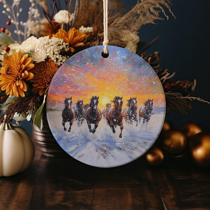 a picture of a group of horses running through the snow