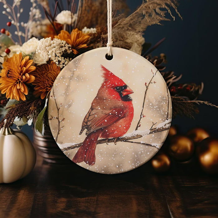a ceramic ornament with a cardinal sitting on a branch