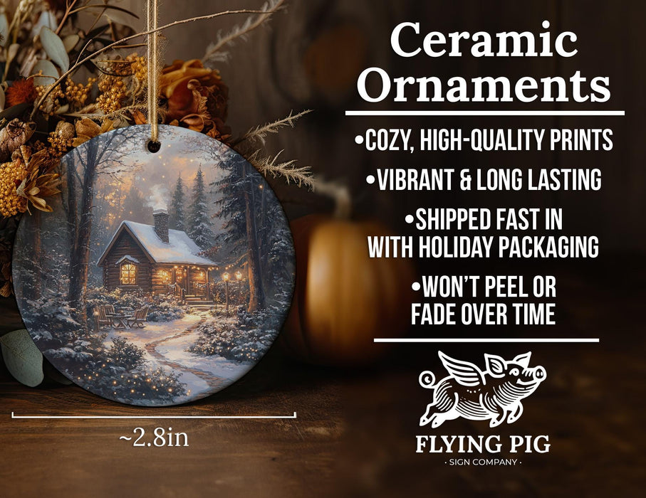 a ceramic ornament with a christmas scene on it