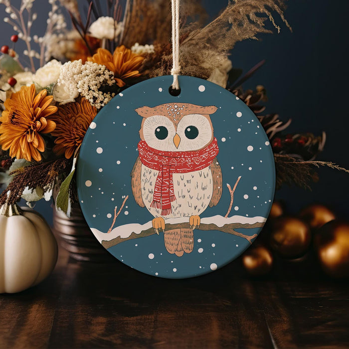 a ceramic ornament with an owl wearing a scarf