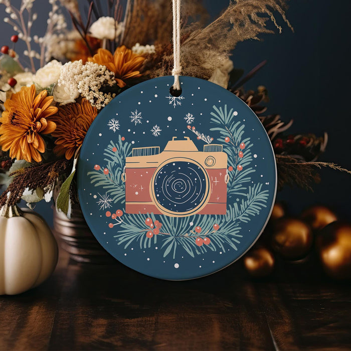 a christmas ornament with a camera on it