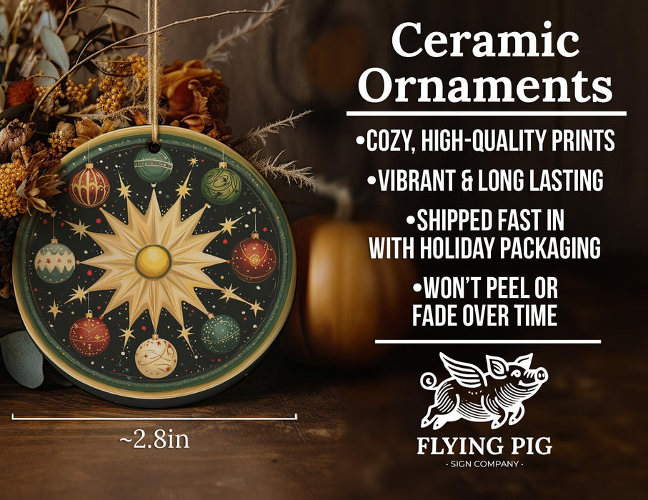 a ceramic ornament with a star and planets on it