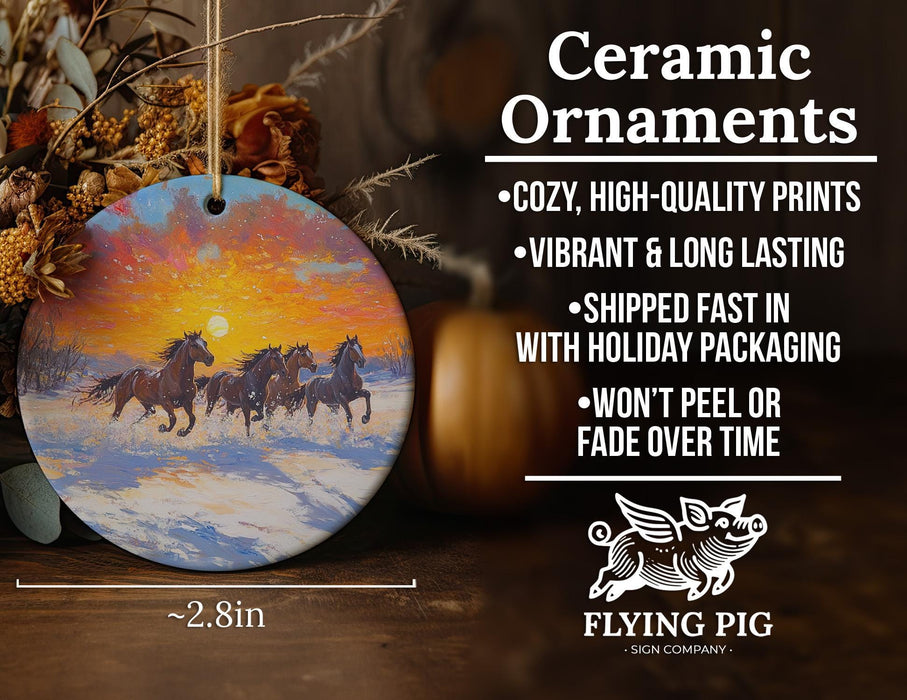 a ceramic ornament with a painting of horses on it