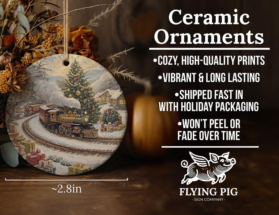 a christmas ornament with a train on it