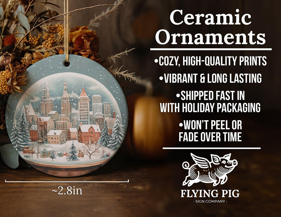 a ceramic ornament with a christmas scene on it