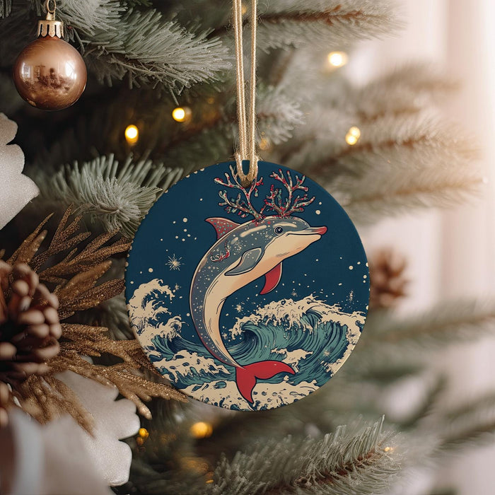 a christmas ornament hanging from a christmas tree