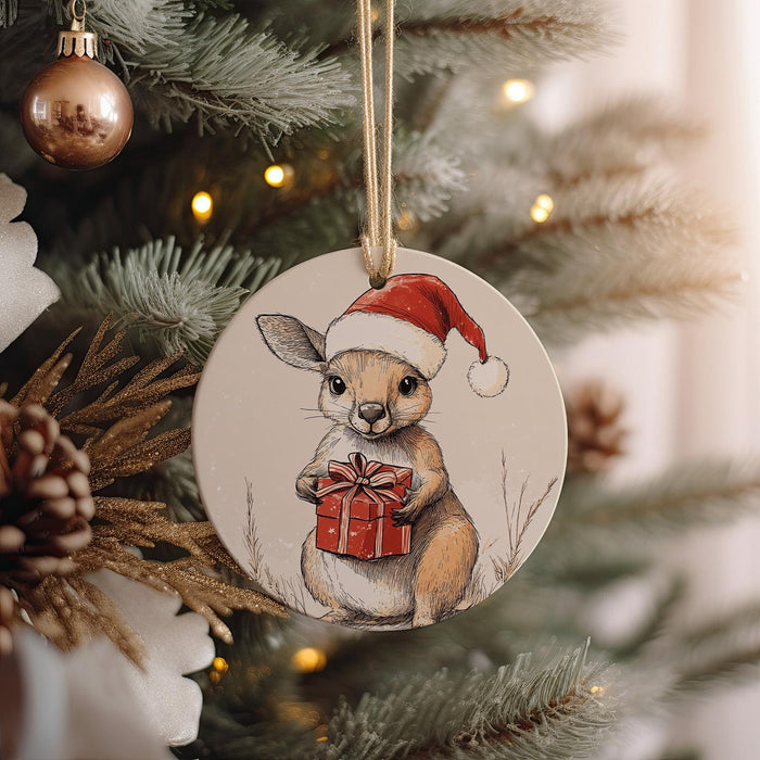 a christmas ornament hanging from a christmas tree