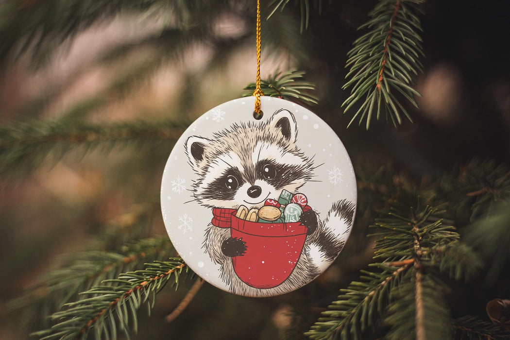 a raccoon ornament hanging from a christmas tree