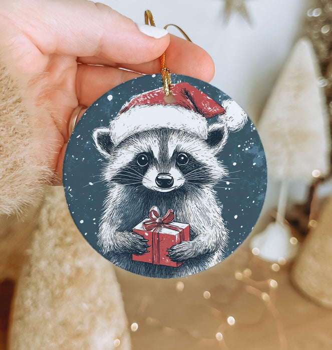 a hand holding a christmas ornament with a raccoon wearing a santa