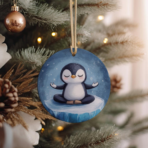 a penguin ornament hanging from a christmas tree