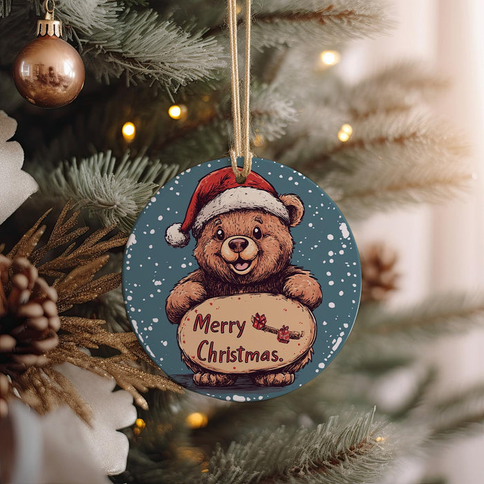 a christmas ornament hanging from a christmas tree