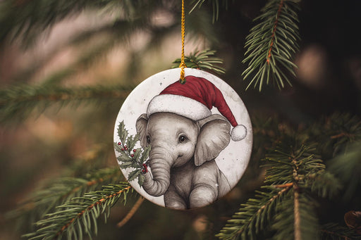 a christmas ornament with an elephant wearing a santa hat