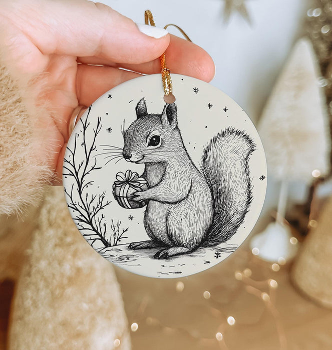 a hand holding a christmas ornament with a squirrel on it