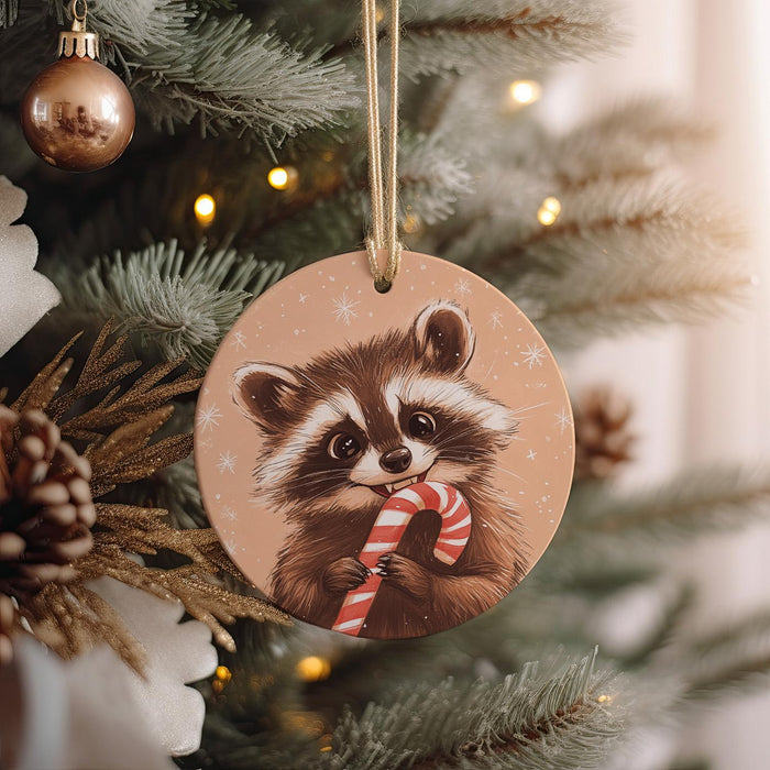 a christmas ornament with a raccoon holding a candy cane